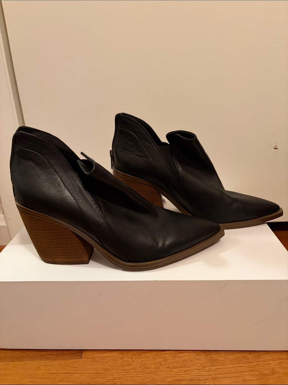 Vince Camuto Black Leather Pointed Ankle Heeled Boots with Brown Stacked Heel